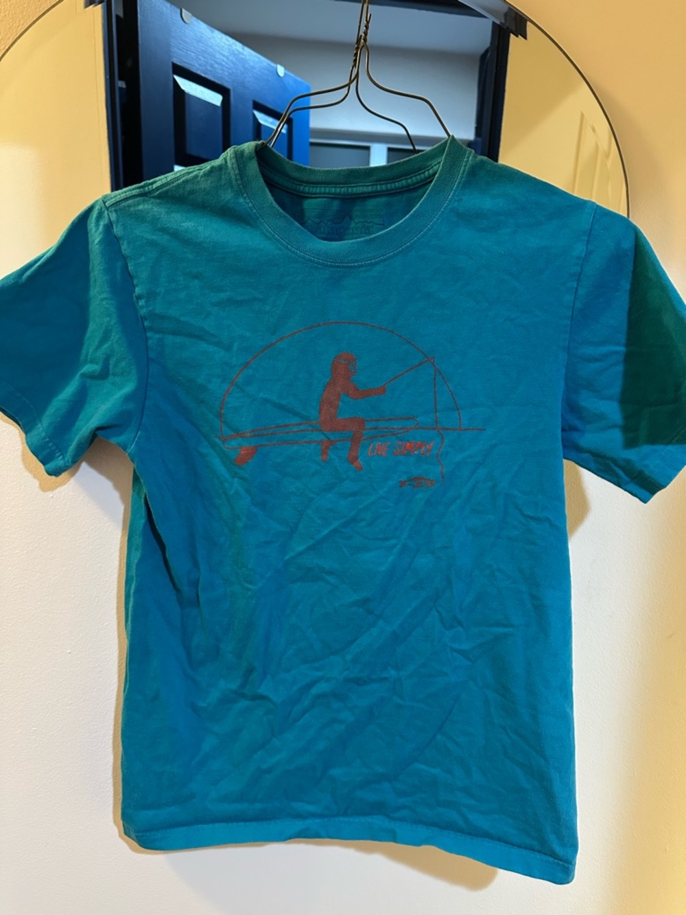 Patagonia Live Simply Graphic T-Shirt Teal Blue Surf Fishing Tee Size S